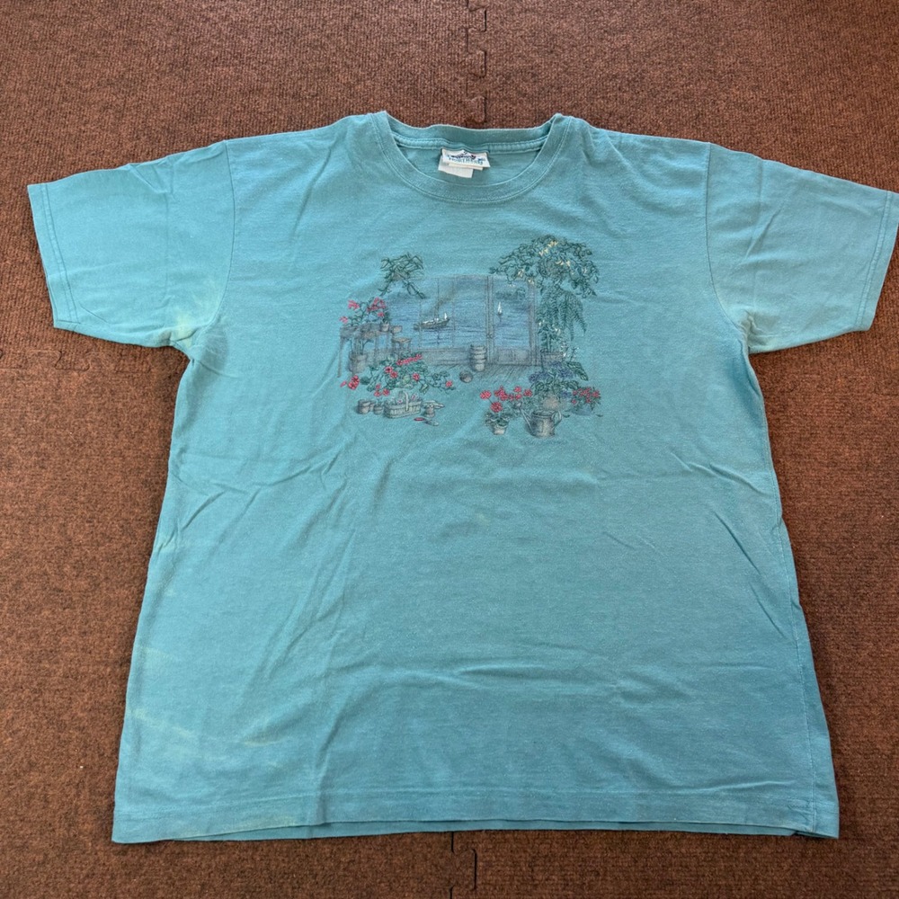 Northern Reflections Vintage Teal Graphic T-Shirt Sunroom Flowers Cottagecore L